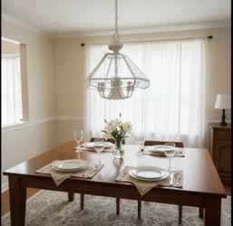 Vintage 5 Light Candelabra Hanging Light Beveled Glass Panels White Metal