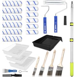 (121212-4) Paint Roller Kit with Extension Pole, 27 Piece Set, 2 to 4 Ft Pole, 4"9" Paint Rollers, Paint Brushes Set for Professional Painting,House P