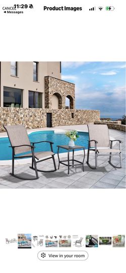Vongrasig 3 Piece Outdoor Rocking Bistro Set, Textilene Fabric Small Patio Furniture Set, Front Porch Rocker Chairs Conversation Set with Glass Table