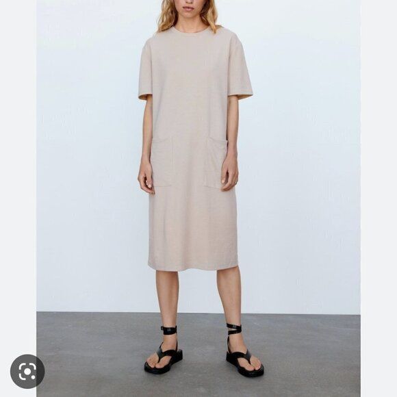 ZARA Oversized Taupe Short Sleeve Casual Midi Tunic Dress US L 