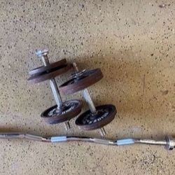 OLYMPIC CURL BAR AND 30 LBS SET DUMBBELLS 
