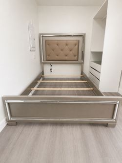 Champagne Queen Platform Bed Frame – LED Headboard – Modern Glam and Mirrored Accents