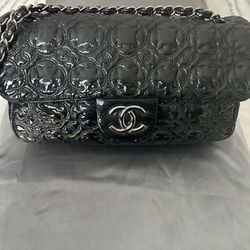 Chanel Black Flap Camellia Patent Leather Bag