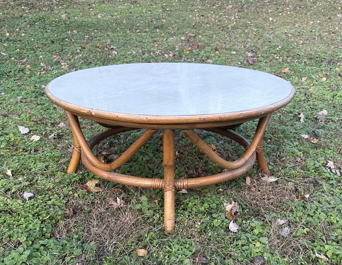 Vintage Antique BoHo Bamboo Rattan Round Coffee Table