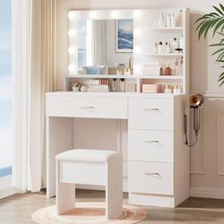 ❤️‍🔥 #B White Makeup Vanity Desk with Charging Station & 4 Drawers 10 LED Bulbs