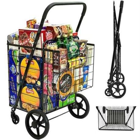 Siffler Grocery Shopping Cart 396 LBS Super Capacity Extra Folding Utility Cart with Double Basket Jumbo Collapsible Cart Extended Foam Cover, Heavy D
