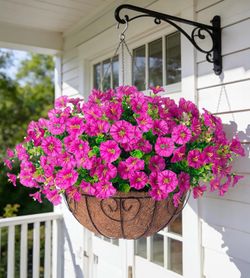 Ivydale Artificial Silk Hanging Plants Flowers Basket for Outdoor Outside Summer Decoration, Fake Faux UV Sun Resistant Look Real Morning Glory Fuchsi