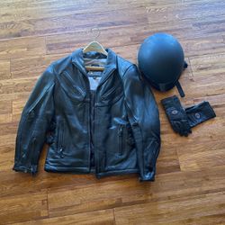 Harley Davidson Helmet, Leather Gloves & Leather Riding Jacket