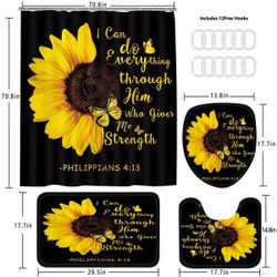 4PCS Sunflower Shower Curtain Set Quotes Flower Bathroom Decor Sets with Rugs Ba