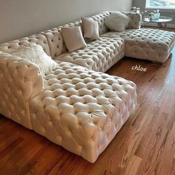 ● Coco Velvet White Sectional Sofa Couch Living Room Set 