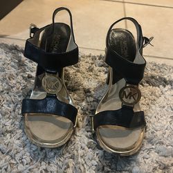 Michael Kors Black Leather T-strap Heeled Sandals