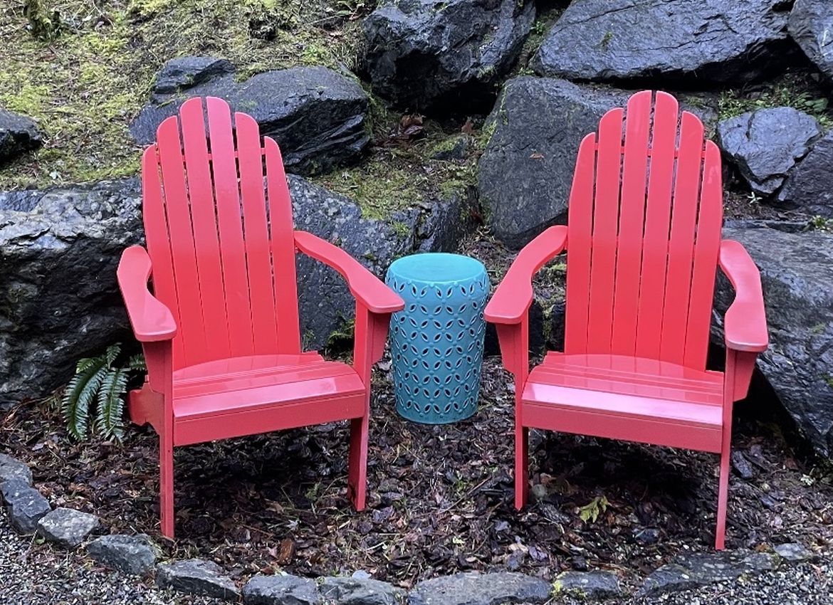 Red Adirondack Chairs and Side Table