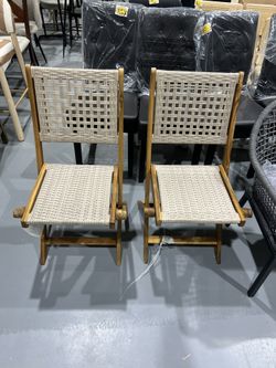 M-(One has crack)New Outdoor Folding Chairs Set of 2, Wooden Patio Dining Chairs with High Back, Grey Rattan Farmhouse Style Deck Chair for Backyard, 