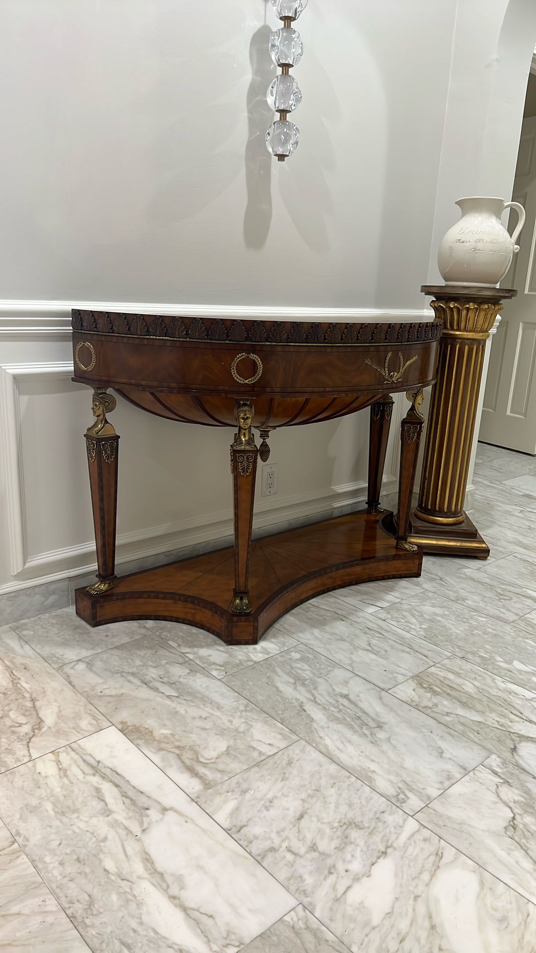 Antique Vintage Brown Half-Round Wooden Console Table With Rare Decorative Gold Egyptian Heads