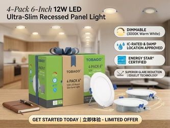4-Pack 6-Inch 12W LED Ultra-Slim Recessed Panel Light, Dimmable 3000K, IC-Rated for Damp Locations, Energy Star Certified