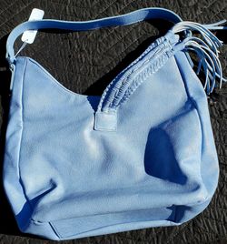 Light Blue Hobo Shoulder Bag with Fringe Detail
