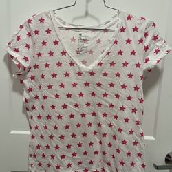 Gap Ladies The Essential V-Neck Short Sleeve Shirt - Size Large - White With Pink Stars