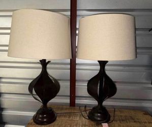 Pair of Dark Bronze Table Lamps with Linen Shades
