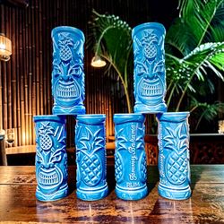 Tommy Bahama Blue Rum Tiki Ceramic Cocktail Glasses 7” Tall Set of 6 New