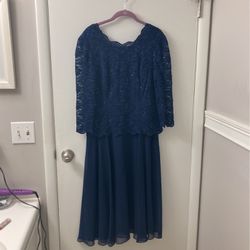 Special Occasion Dress.  Navy Blue- Chiffon Skirt With Lace Style Top With Silver.  Size 12   Worn 1x