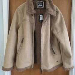 Men's Vegan Guess Suede Sherpa Jacket XL Aviator Pilot 