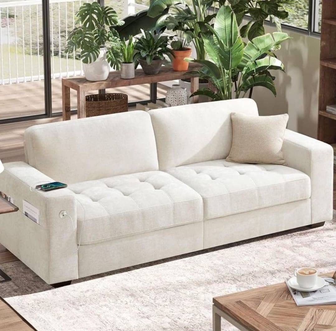 Hanherry 89” Sofa Couch for Living Room, Modern 3 Seater Comfy Sofa with 8” Medium Firm Seat Cushion, Removable Cover,Wide Armrest,USB/Type-C Port,Che