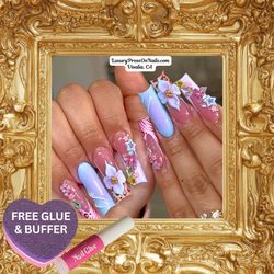 Beach Vibes - Pink & Blue 3D Art Rhinestone Charm Press On Nails 24 Pc Set -  FREE GLUE & BUFFER