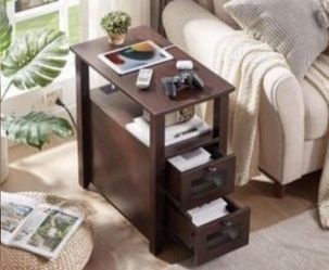 Open Box HDDDZSW  Rustic Farmhouse XXL End Table with Charging Station, Narrow Side Table with USB Ports and Outlets, Nightstand with 2 Drawers