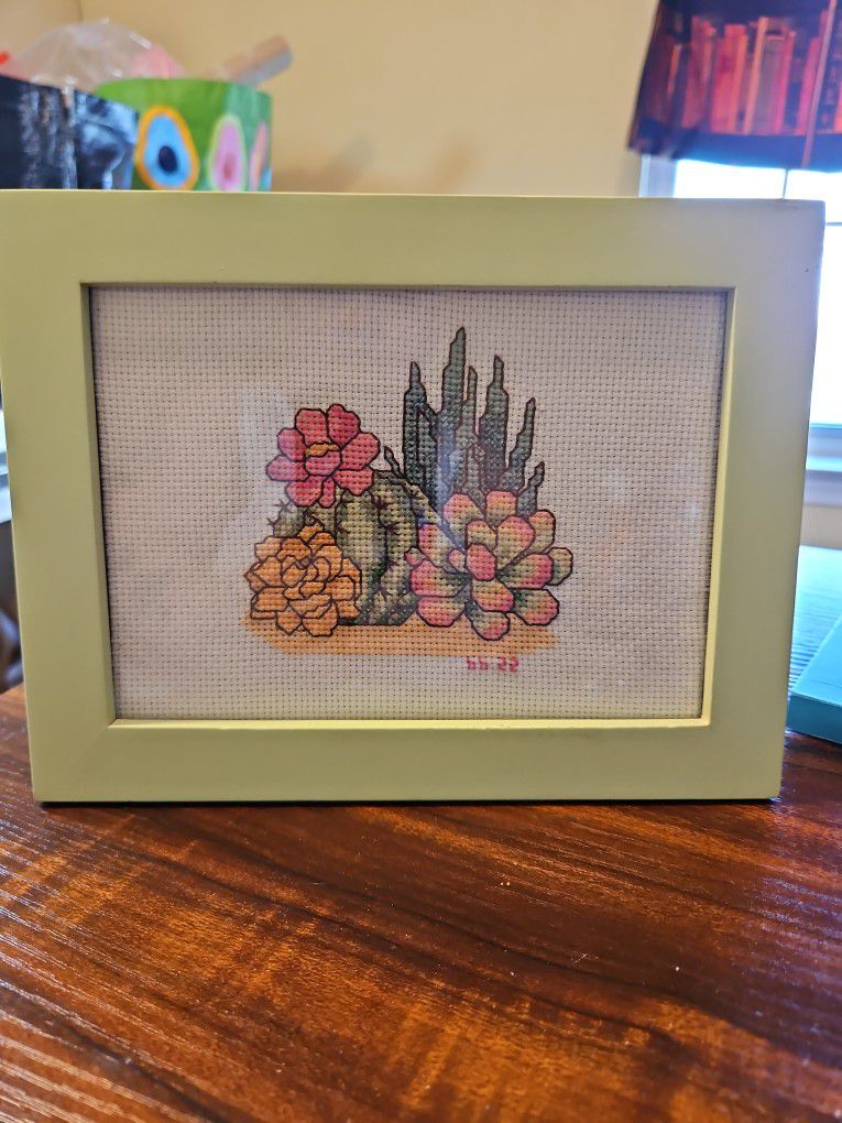 Cross Stitched Succulents Framed Picture