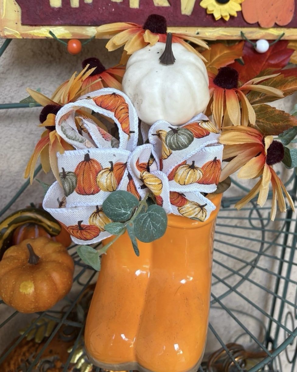 NEW Orange Floral Fall Rain boots Thanksgiving Planter garden home Decor