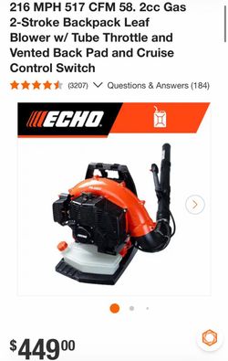 216 MPH 517 CFM 58. 2cc Gas 2-Stroke Backpack Leaf Blower w/ Tube Throttle and Vented Back Pad and Cruise Control Switch
