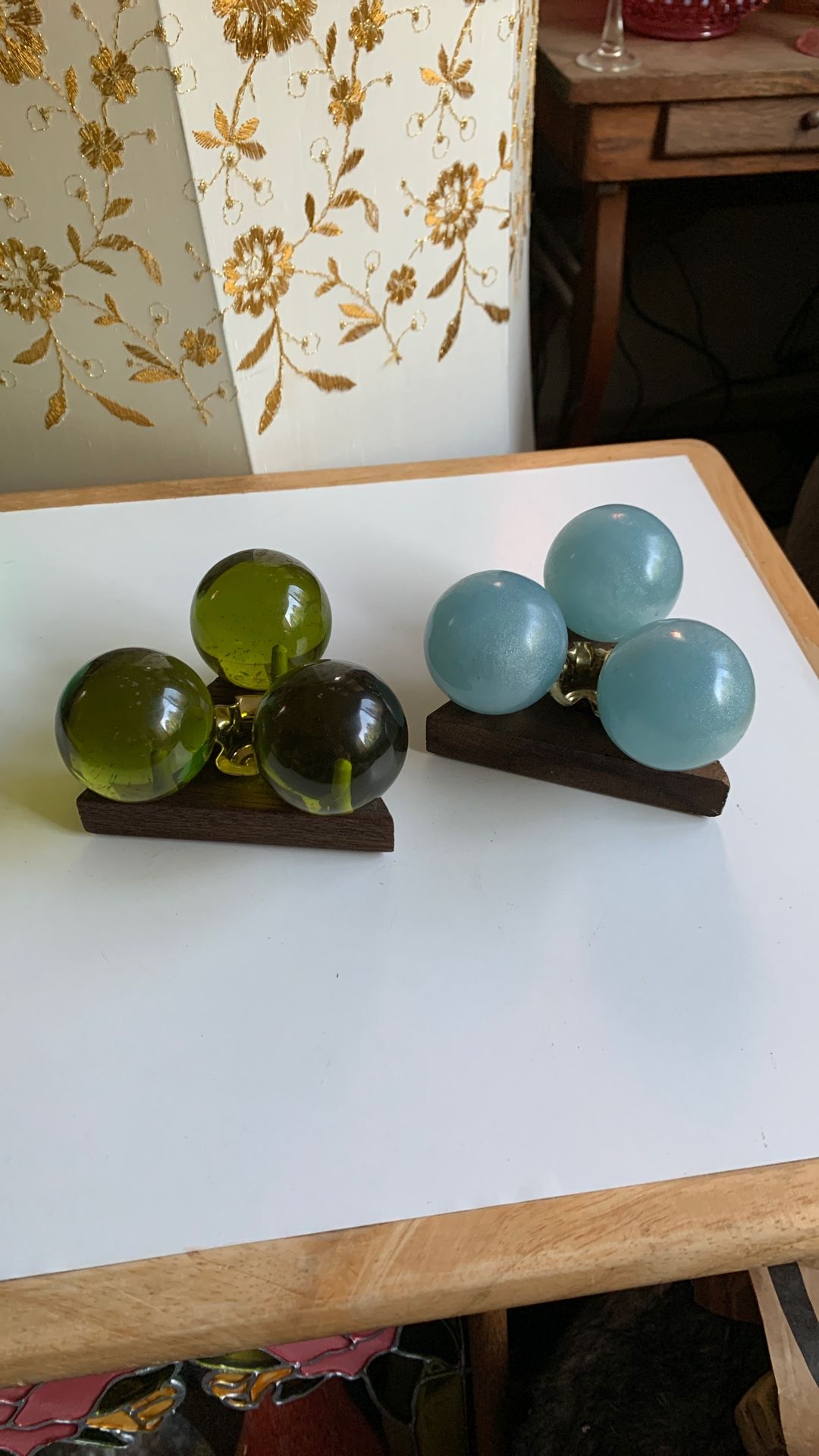 Mid Century Lucite Grape Candlestick Holders-Vintage Acrylic Globe Taper Candle Holders- Pair of Moss Green-Avocado Lucite Ball Holders- MCM