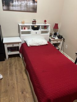 White Twin Bed Frame with Bookcase Headboard
