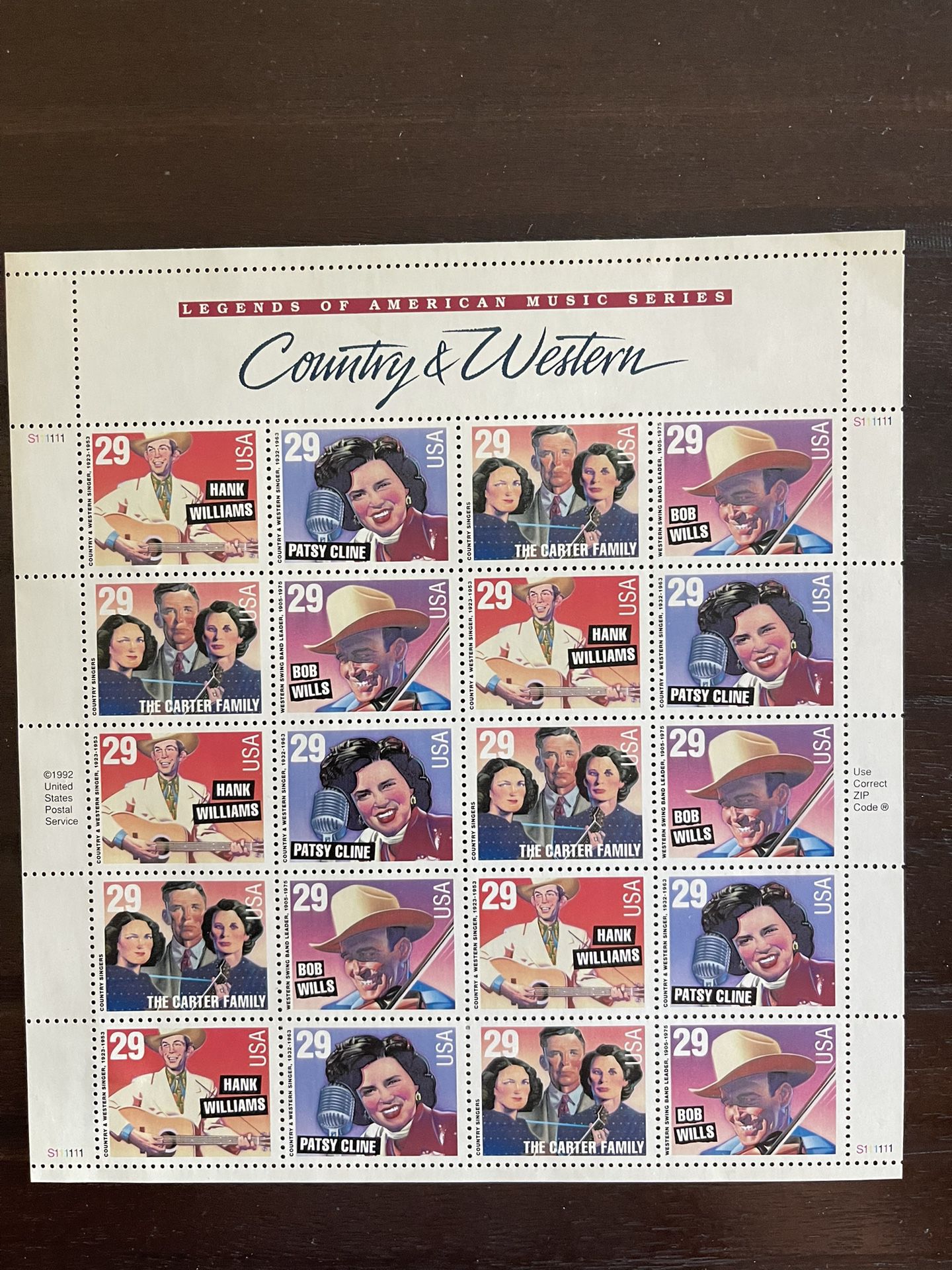U.S. Postage Stamps. 2 Sheets Never Used. 1st Sheet Is 20 Stamps With Country & Western Singers. 2nd Sheet Are 40 Stamps Of Hank Williams. Mint. 