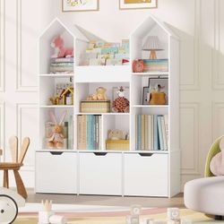 Toy Storage Organizer with Castle Roof, Large Kids Bookshelf Dollhouse with 3 Movable Drawers and 9 Storage Cubbies, Toy Organizers with 3-Tier Book R