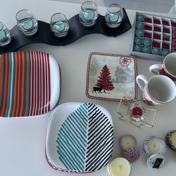 Set Of Plates, Bowls, Mugs, And Candles. 