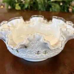 Vintage Fenton Milk Glass Lace Cut Bowl