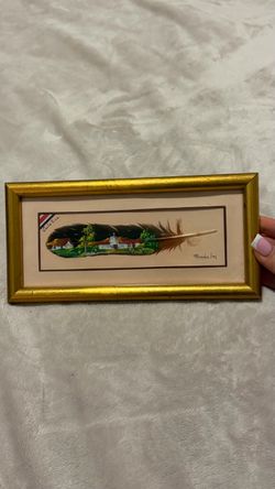 Costa Rica Hand Painted Feather Art Framed Gold Tone Souvenir Wall Decor