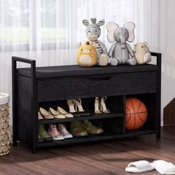 Shoe Storage Bench, Entryway Bench with Lift Top Storage Box, Metal and Board Bench for Entryway, Two Tier Shoe Rack Organizer for Entryway, Hallway, 
