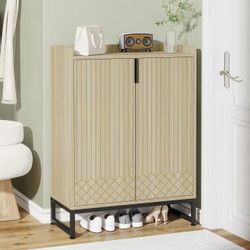 New assembled 5-Tier Shoe Cabinet with Doors, Freestanding Wood Shoe Organizer for Entryway