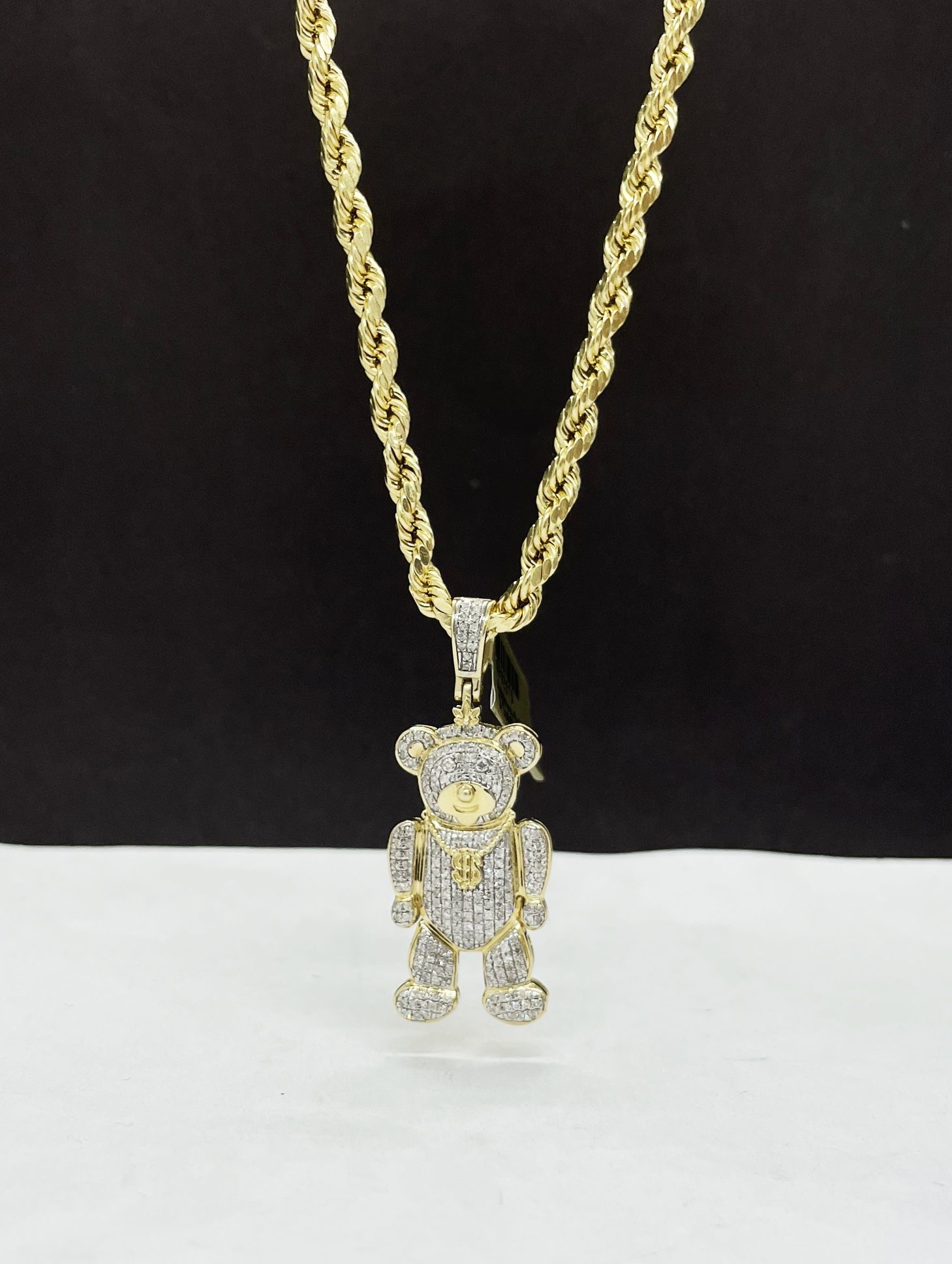 14k Gold Rope Chain And Weed Money Teddy  Bear With Diamond 💎 Pendant , Necklance Gold