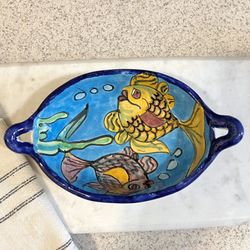Mexican Folk Art Talavera Hand Painted Terracotta Dish Pisces Colorful Signed
