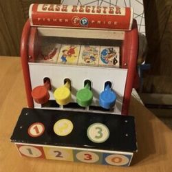 Rare Vintage 1960s Fisher Price Toy Wood Cash Register WORKS w/1 Original Coin