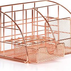 Rose Gold Desk Organizer for Women Cute Home Office Accessories & Supplies Decor, Girly Desktop Stationary Essentials Organization Set, Mesh Caddy Sto