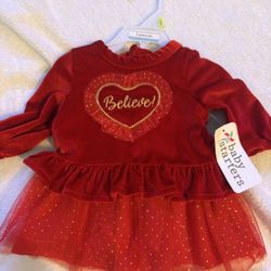 Baby Starters Red Velvet 'Believe' Heart 2 Piece Dress Size 3 Months 