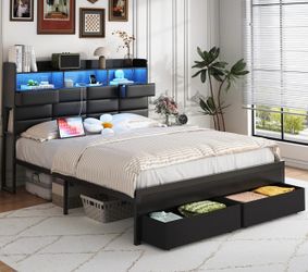 New-King Bed Frame with Storage Headboard, Upholstered Black Bed Frame with 4 Drawers, LED Lights, and Charging Station, Heavy-Duty Metal Slats Suppor
