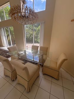 Vintage 80s Postmodern Glass Dining Table + 6 Skirted Parson Chairs Set