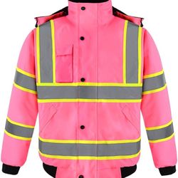 Hi-Viz Quilted Padding Safety Bomber Jacket - Size XL - Waterproof & High Visibility - Detachable Hood, NIB