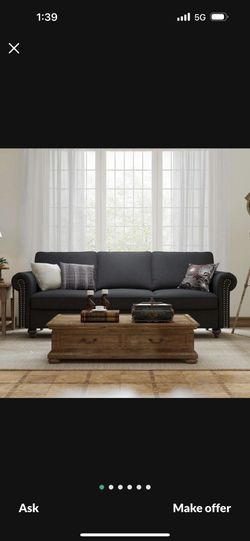 Modern Upholstered 3-Seat Sofa Couch with Scrolled Arm and Nailhead Trim, Linen Fabric Deep Seat Sofa for Living Room, Bedroom, Office, Apartment, Sma
