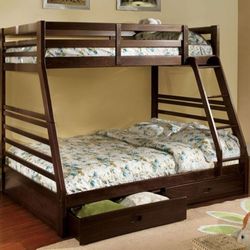 Brand New Espresso Twin Over Full Bunk Bed w Trundle Drawers 